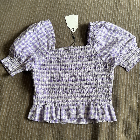 English Factory Square Neck Purple Gingham Smocked Short Sleeve Blouse Medium - Picture 6 of 7